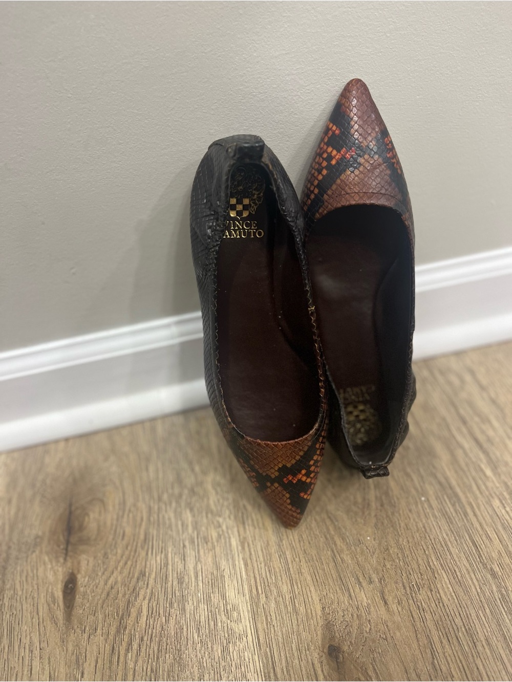 Vince Camuto Pointed Snake-Print Flats in Brown and Black